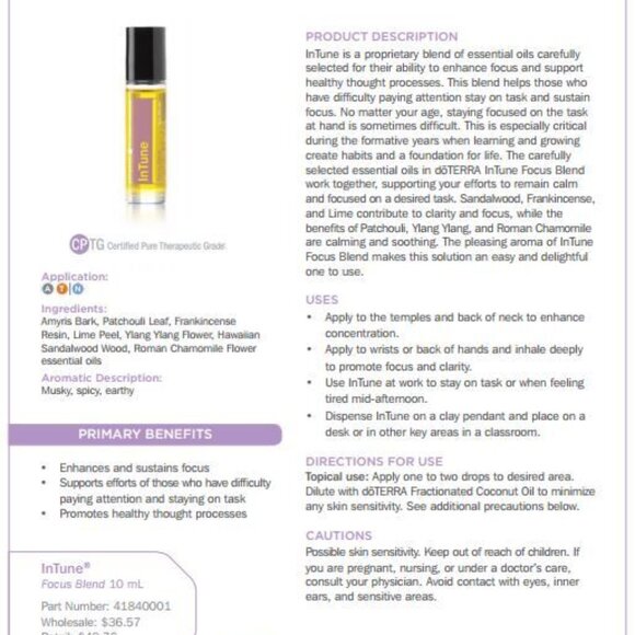Intune doTERRA Essential Oil Rollerblend -Focus Blend - Picture 2 of 3